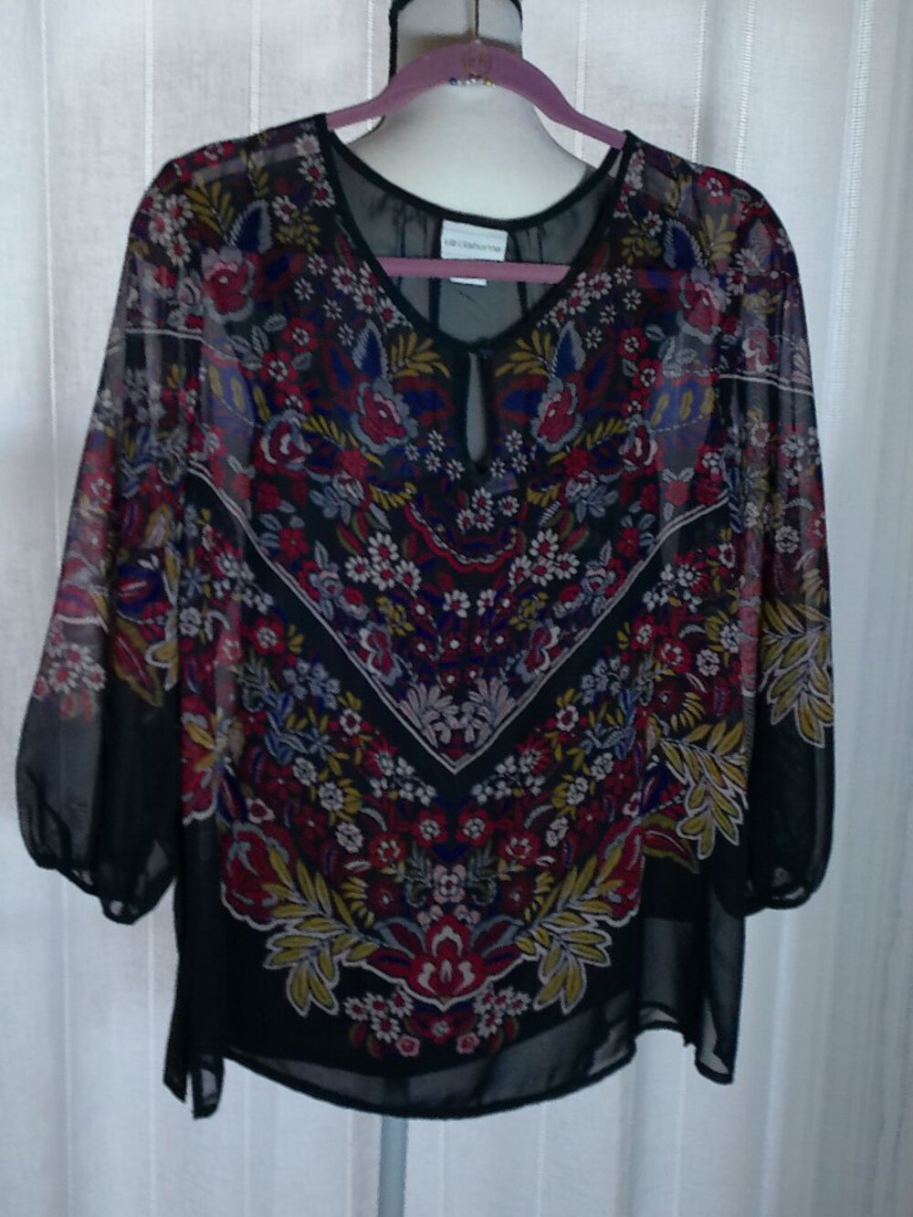 LIZ CLAIBORNE 3/4 Sleeves Scoop Neck w/Button Navy Blue w/Florals Blouse NWOT L - Picture 2 of 8